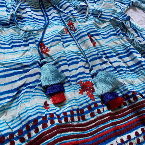 Hemant & Nandita Pom Pom Ruffle Tunic Blue Tassel Medium NWT - Picture 2 of 7
